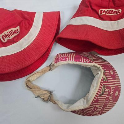 LOT 124: Vintage Phillies Collector Mugs, Bucket Hats, Visor and Glass Pitcher