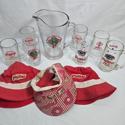LOT 124: Vintage Phillies Collector Mugs, Bucket Hats, Visor and Glass Pitcher