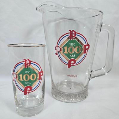 LOT 124: Vintage Phillies Collector Mugs, Bucket Hats, Visor and Glass Pitcher