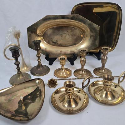 LOT 126: Brass Collection of Trays and Candlesticks