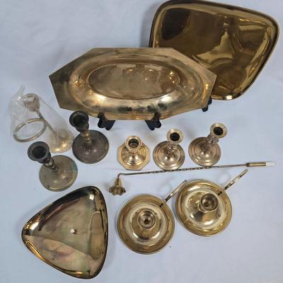 LOT 126: Brass Collection of Trays and Candlesticks