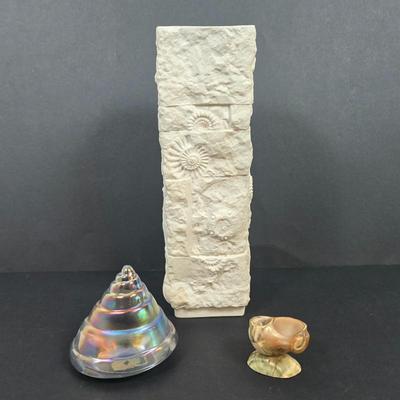 LOT 127: Vintage Alka Kaiser Porcelain Vase w/Embossed Design, Iridescent Shell Art Paperweight & Footed Seashell