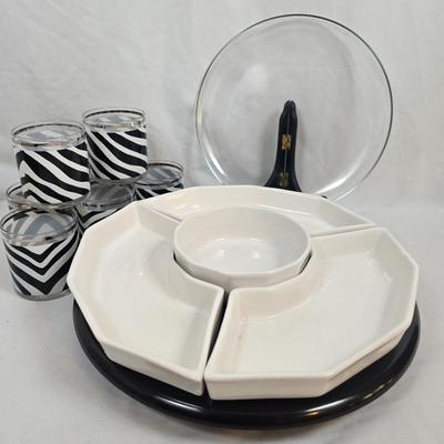 LOT 129: Pfaltzgraff Lazy Susan and MCM "Zebra" Print Glasses