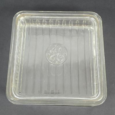 LOT 130: Glass GE Refrigerator Box with Tupperware, Soup Mugs, and Assorted Kitchen Gadgets