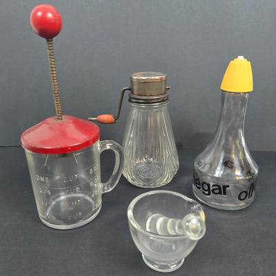 LOT 130: Glass GE Refrigerator Box with Tupperware, Soup Mugs, and Assorted Kitchen Gadgets