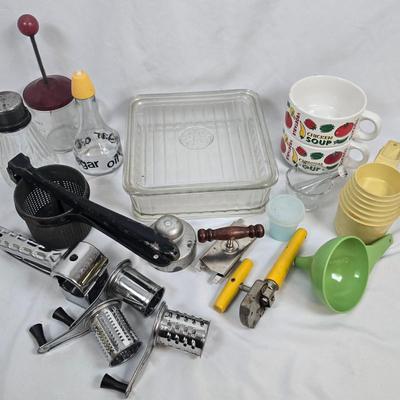 LOT 130: Glass GE Refrigerator Box with Tupperware, Soup Mugs, and Assorted Kitchen Gadgets