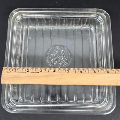 LOT 130: Glass GE Refrigerator Box with Tupperware, Soup Mugs, and Assorted Kitchen Gadgets