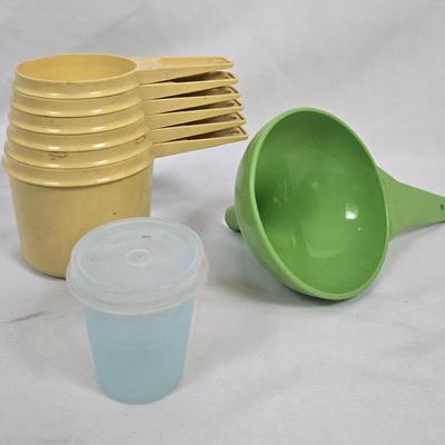 LOT 130: Glass GE Refrigerator Box with Tupperware, Soup Mugs, and Assorted Kitchen Gadgets