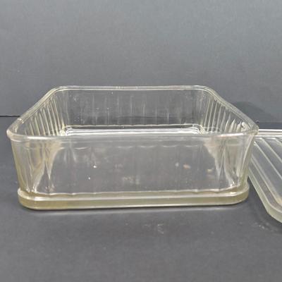 LOT 130: Glass GE Refrigerator Box with Tupperware, Soup Mugs, and Assorted Kitchen Gadgets