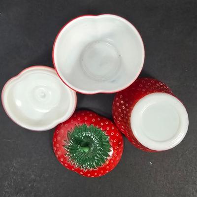 LOT 131: Vintage Fire King Cereal Bowls, Hazel Atlas Refrigerator Dish w/Lid, Hazel Atlas, Milk Glass Strawberries, Milk Glass Red Stripe...