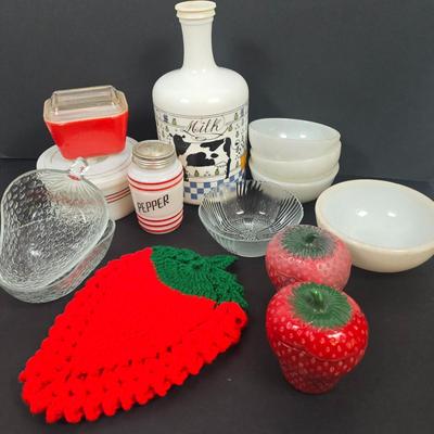 LOT 131: Vintage Fire King Cereal Bowls, Hazel Atlas Refrigerator Dish w/Lid, Hazel Atlas, Milk Glass Strawberries, Milk Glass Red Stripe...