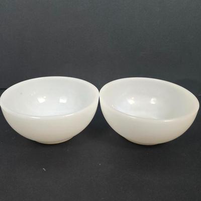 LOT 131: Vintage Fire King Cereal Bowls, Hazel Atlas Refrigerator Dish w/Lid, Hazel Atlas, Milk Glass Strawberries, Milk Glass Red Stripe...