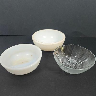LOT 131: Vintage Fire King Cereal Bowls, Hazel Atlas Refrigerator Dish w/Lid, Hazel Atlas, Milk Glass Strawberries, Milk Glass Red Stripe...