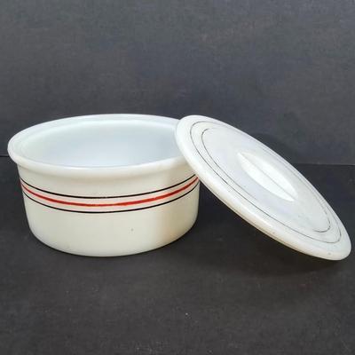 LOT 131: Vintage Fire King Cereal Bowls, Hazel Atlas Refrigerator Dish w/Lid, Hazel Atlas, Milk Glass Strawberries, Milk Glass Red Stripe...