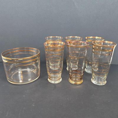 LOT 132: Georges Briand Mid Century Modern Glass Platters with Gold Rimmed Glasses and Ice Bucket