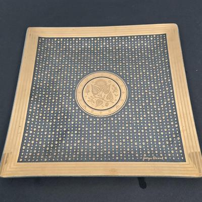 LOT 132: Georges Briand Mid Century Modern Glass Platters with Gold Rimmed Glasses and Ice Bucket