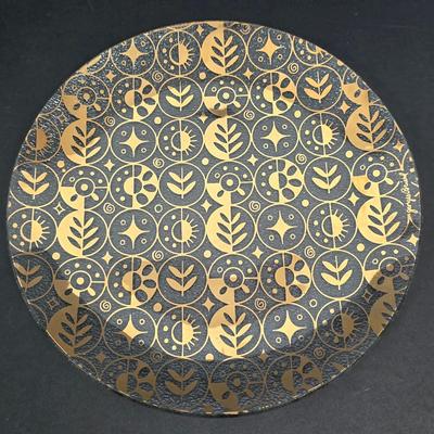 LOT 132: Georges Briand Mid Century Modern Glass Platters with Gold Rimmed Glasses and Ice Bucket