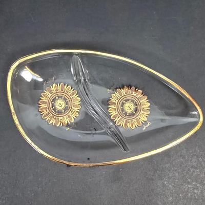 LOT 132: Georges Briand Mid Century Modern Glass Platters with Gold Rimmed Glasses and Ice Bucket