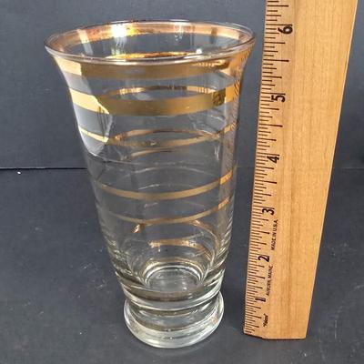 LOT 132: Georges Briand Mid Century Modern Glass Platters with Gold Rimmed Glasses and Ice Bucket