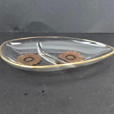 LOT 132: Georges Briand Mid Century Modern Glass Platters with Gold Rimmed Glasses and Ice Bucket
