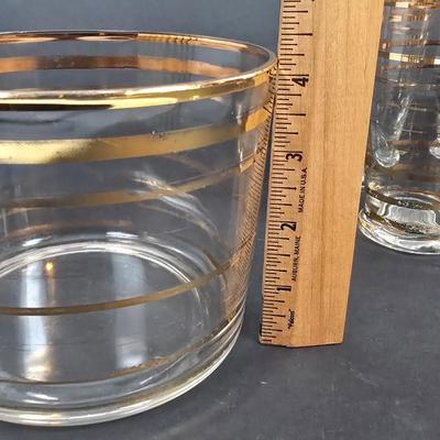 LOT 132: Georges Briand Mid Century Modern Glass Platters with Gold Rimmed Glasses and Ice Bucket