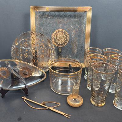 LOT 132: Georges Briand Mid Century Modern Glass Platters with Gold Rimmed Glasses and Ice Bucket