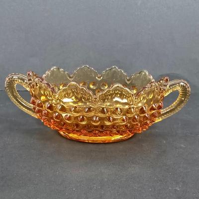 LOT 133: Vintage Hobnail Duncan Miller Footed Clear Glass Ball Vases, Amber Hobnail Candy Dish and Crystal 3 Taper Candle Holder