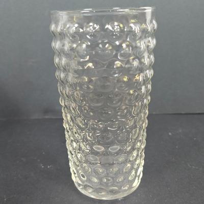 LOT 133: Vintage Hobnail Duncan Miller Footed Clear Glass Ball Vases, Amber Hobnail Candy Dish and Crystal 3 Taper Candle Holder
