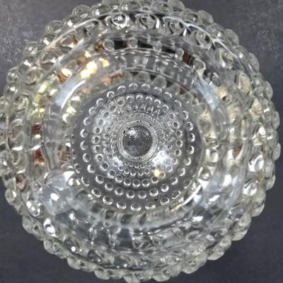 LOT 133: Vintage Hobnail Duncan Miller Footed Clear Glass Ball Vases, Amber Hobnail Candy Dish and Crystal 3 Taper Candle Holder