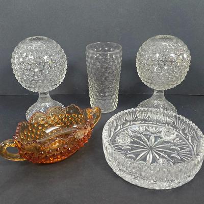 LOT 133: Vintage Hobnail Duncan Miller Footed Clear Glass Ball Vases, Amber Hobnail Candy Dish and Crystal 3 Taper Candle Holder