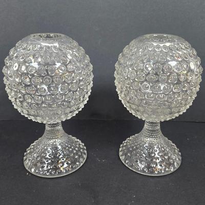 LOT 133: Vintage Hobnail Duncan Miller Footed Clear Glass Ball Vases, Amber Hobnail Candy Dish and Crystal 3 Taper Candle Holder