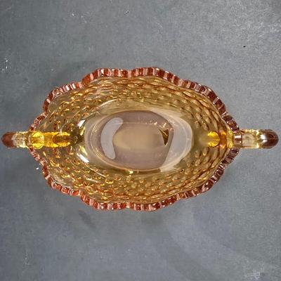 LOT 133: Vintage Hobnail Duncan Miller Footed Clear Glass Ball Vases, Amber Hobnail Candy Dish and Crystal 3 Taper Candle Holder