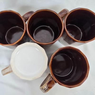 LOT 135: Stoneware Collection in Brown Tones; Mugs, Butter Sauce Dish, Custard Cups, Jars and More
