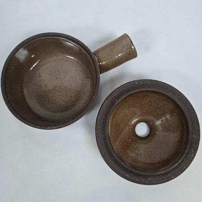 LOT 135: Stoneware Collection in Brown Tones; Mugs, Butter Sauce Dish, Custard Cups, Jars and More