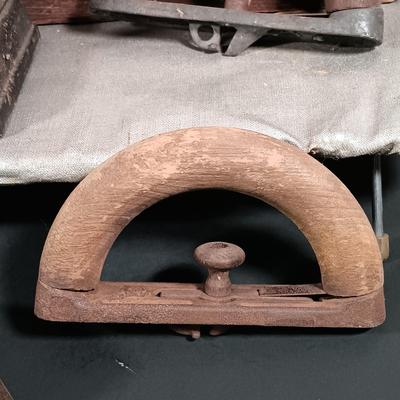 LOT 138: Antique Sad Irons, Metal Washboard, Miniature Ironing Board and Sleeve Ironing Board