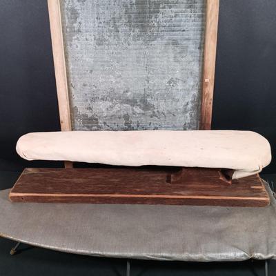 LOT 138: Antique Sad Irons, Metal Washboard, Miniature Ironing Board and Sleeve Ironing Board