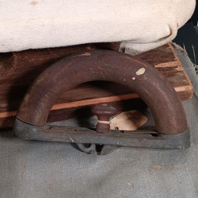 LOT 138: Antique Sad Irons, Metal Washboard, Miniature Ironing Board and Sleeve Ironing Board