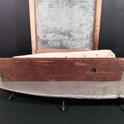 LOT 138: Antique Sad Irons, Metal Washboard, Miniature Ironing Board and Sleeve Ironing Board