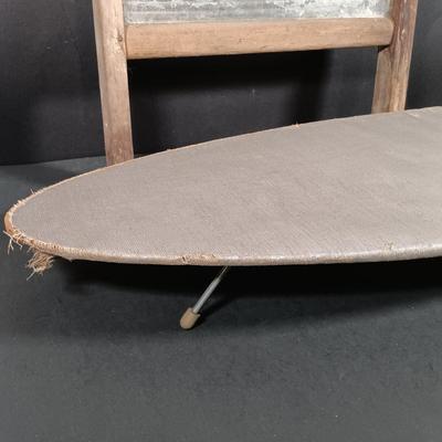 LOT 138: Antique Sad Irons, Metal Washboard, Miniature Ironing Board and Sleeve Ironing Board