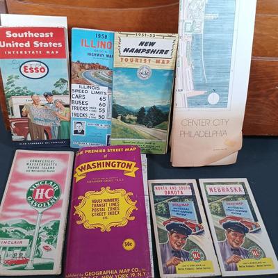 LOT 139: Wooden Magazine Rack with Vintage Travel Maps and Pamphlets