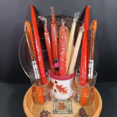 LOT 140: Fall Decor and More with Candles, Candle Holders, Ceramic Serving Bowl, Glass "leaf" Platter