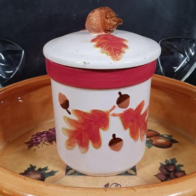 LOT 140: Fall Decor and More with Candles, Candle Holders, Ceramic Serving Bowl, Glass "leaf" Platter