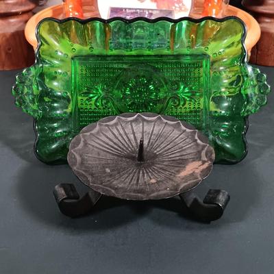 LOT 140: Fall Decor and More with Candles, Candle Holders, Ceramic Serving Bowl, Glass "leaf" Platter