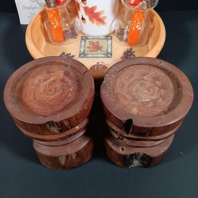 LOT 140: Fall Decor and More with Candles, Candle Holders, Ceramic Serving Bowl, Glass "leaf" Platter