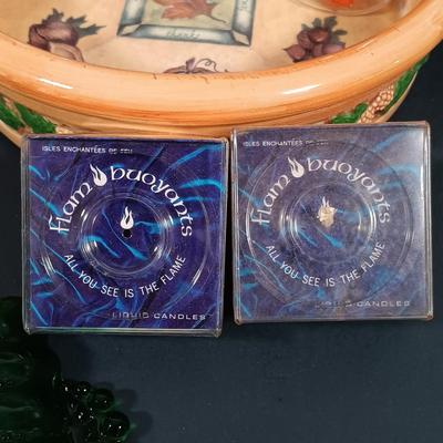 LOT 140: Fall Decor and More with Candles, Candle Holders, Ceramic Serving Bowl, Glass "leaf" Platter