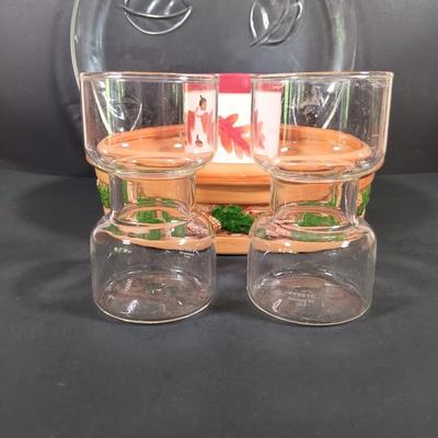 LOT 140: Fall Decor and More with Candles, Candle Holders, Ceramic Serving Bowl, Glass "leaf" Platter