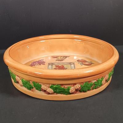 LOT 140: Fall Decor and More with Candles, Candle Holders, Ceramic Serving Bowl, Glass "leaf" Platter