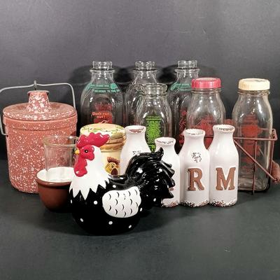 LOT 145: Vintage Milk Bottles, Spongeware Reco Crock, En Provence Rooster Canister & More