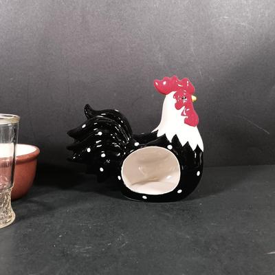 LOT 145: Vintage Milk Bottles, Spongeware Reco Crock, En Provence Rooster Canister & More