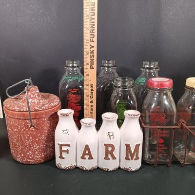 LOT 145: Vintage Milk Bottles, Spongeware Reco Crock, En Provence Rooster Canister & More
